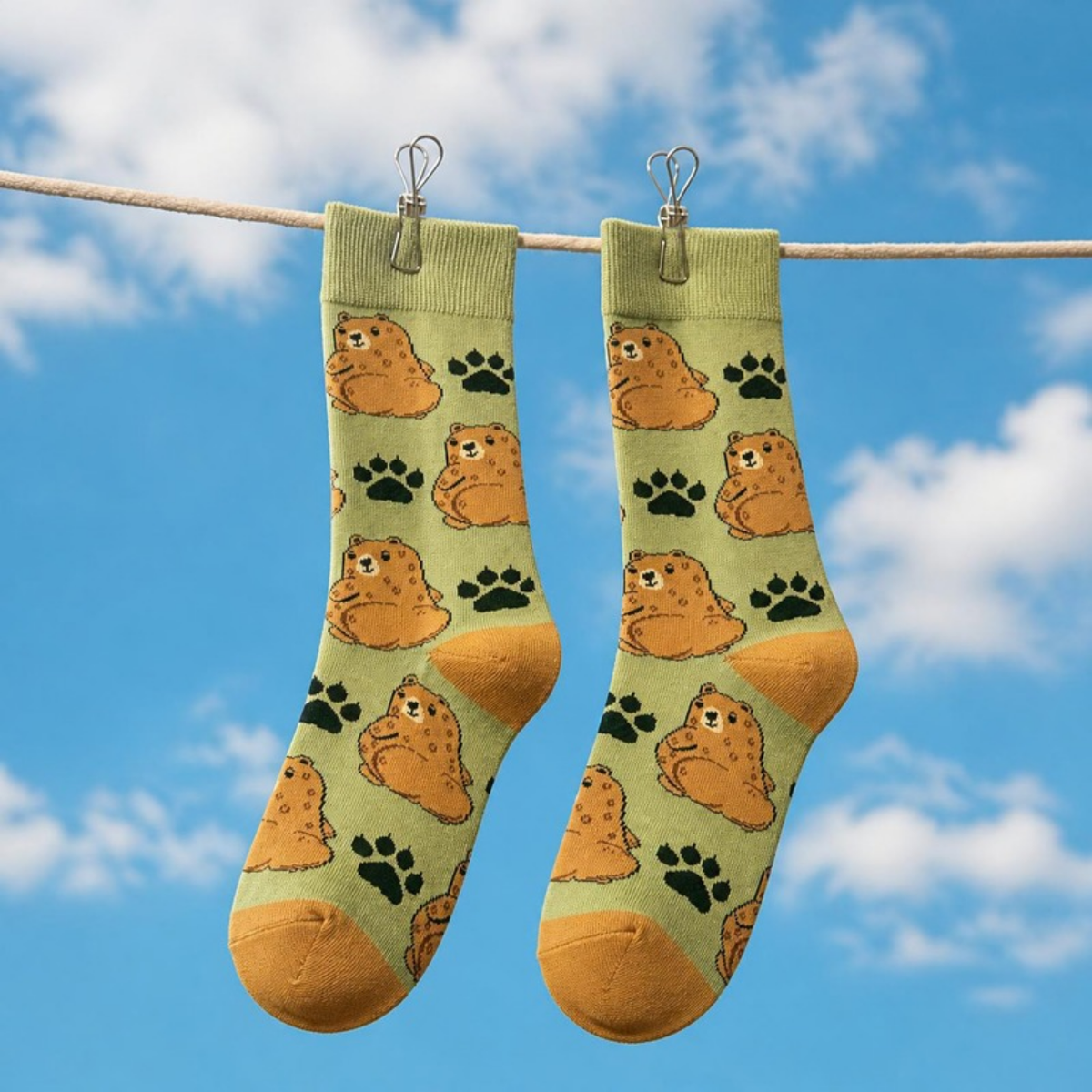 Cuddly Bear Socks hanging on a clothesline against a blue sky