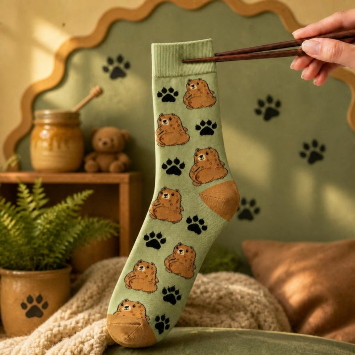 Cuddly Bear Sock held with chopsticks in a cozy green scene with a honey jar and teddy bear