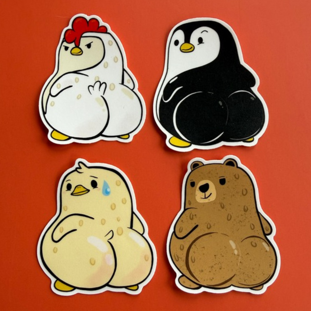 Cheeky Collection sticker pack: Sassy Chicken, Mischievous Penguin, Awkward Ducky and Cuddly Bear vinyl stickers