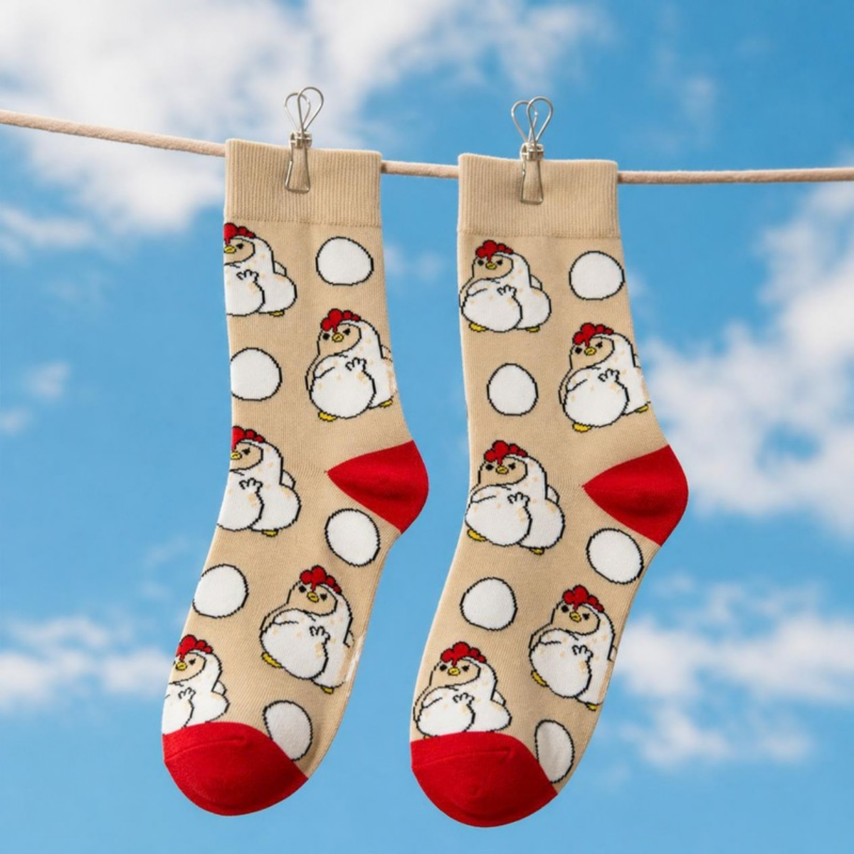 Sassy Chicken Socks hanging on a clothesline against a blue sky
