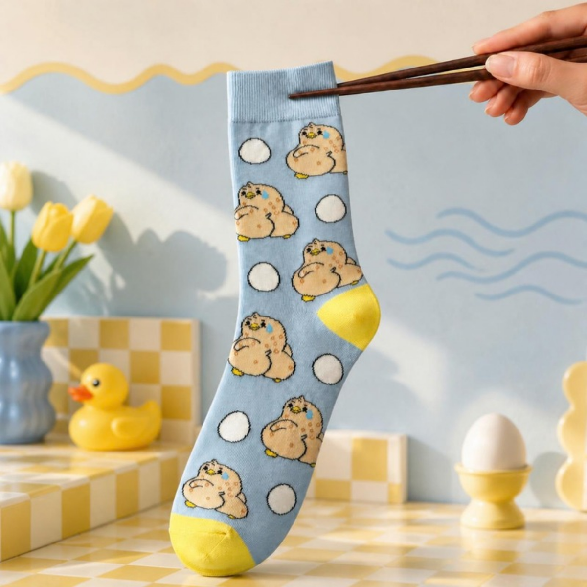 Awkward Ducky Sock held with chopsticks in a blue and yellow scene with a rubber duck and tulips