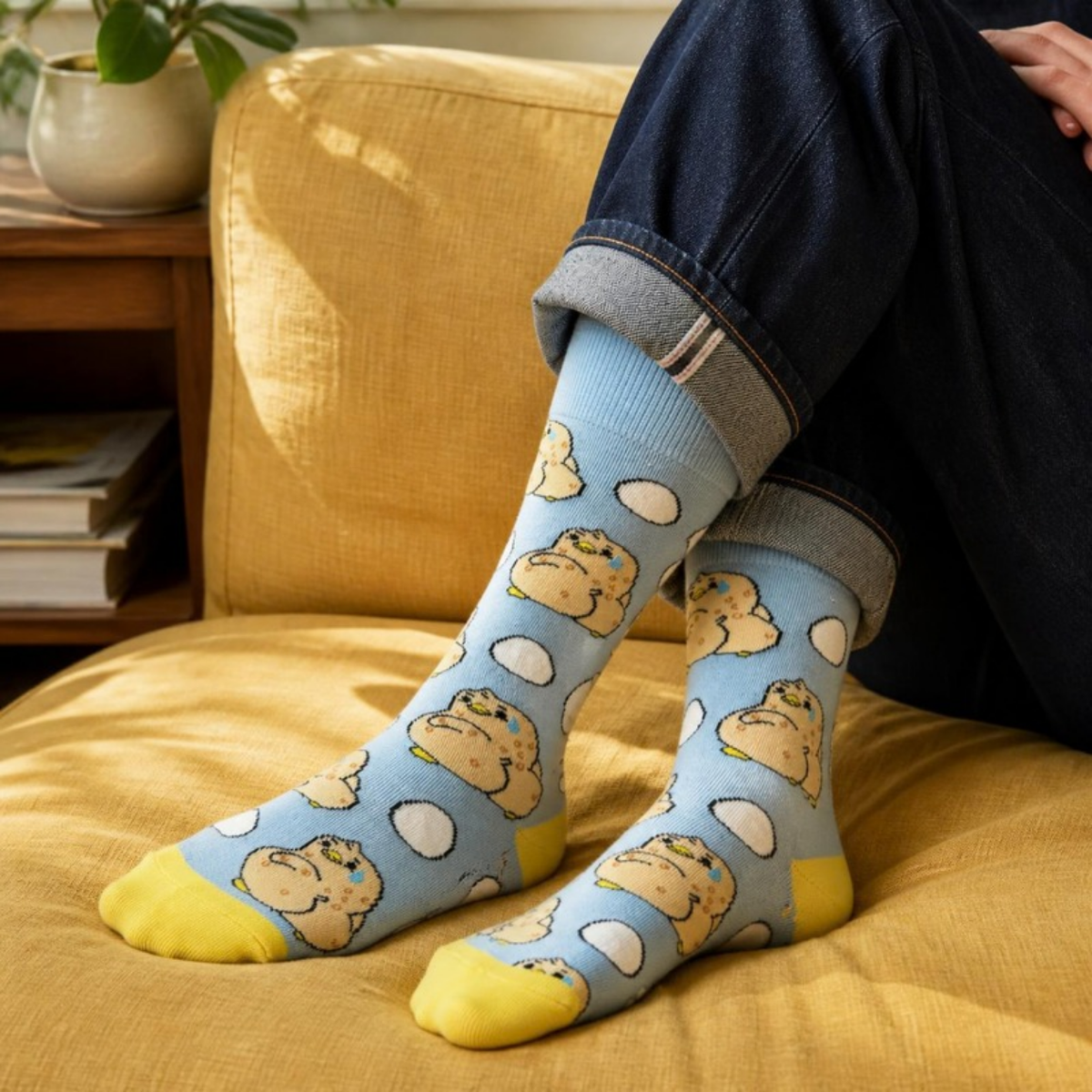 Awkward Ducky Socks worn with jeans on a yellow couch