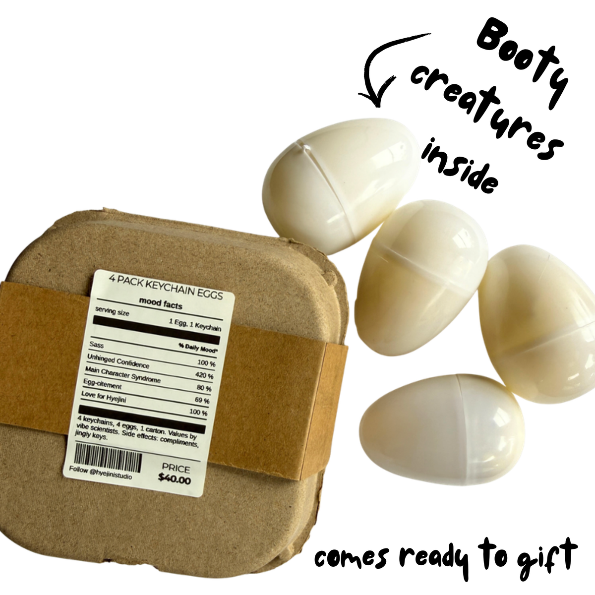 Egg carton with mood facts label and four closed eggs