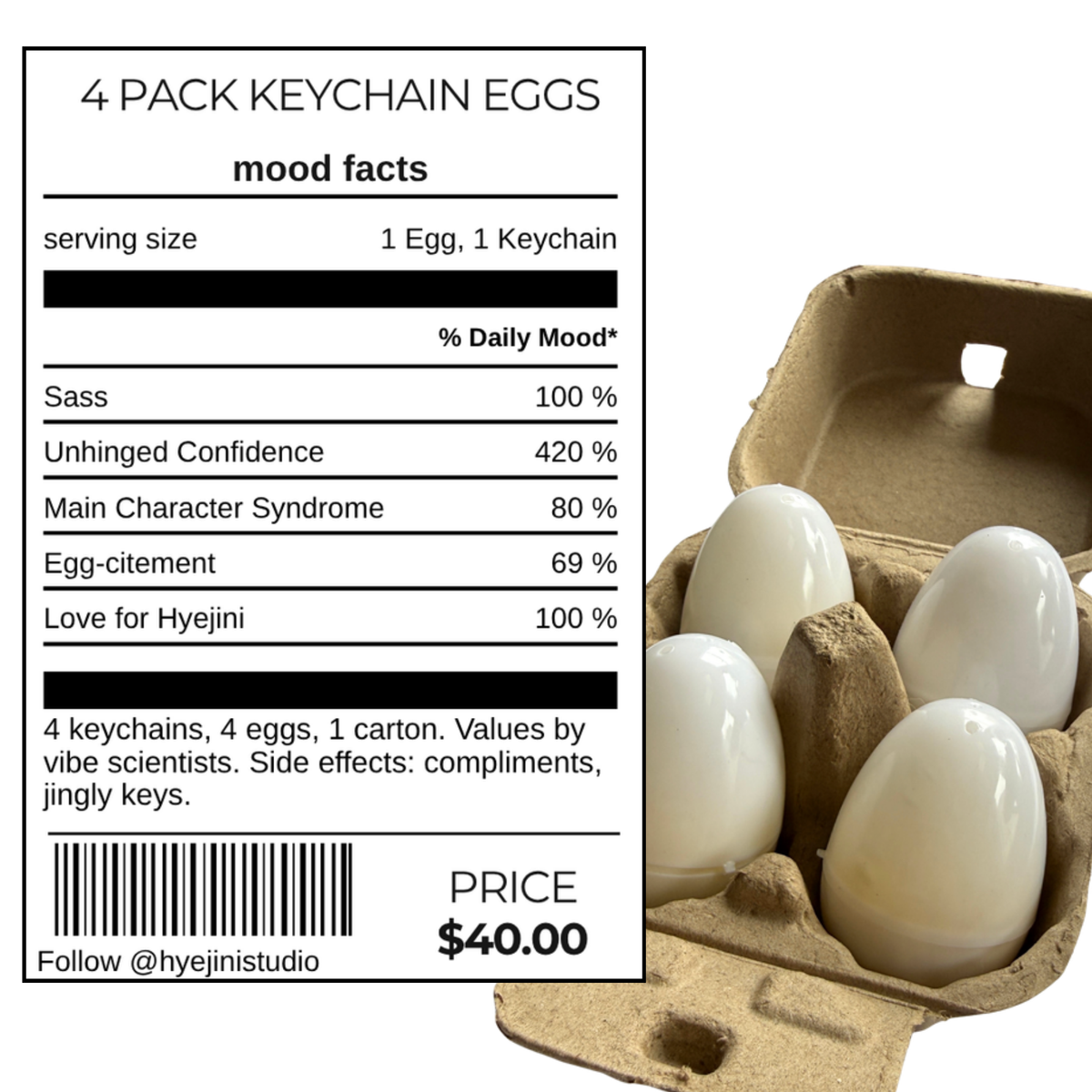 Mood facts label: 4 pack keychain eggs, and the open carton with four eggs