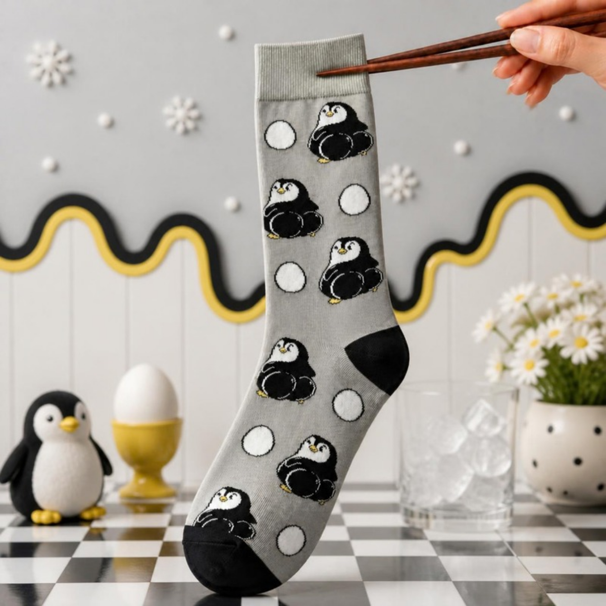 Mischievous Penguin Sock held with chopsticks in a black and white checkerboard scene