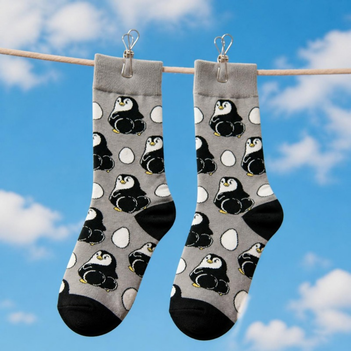 Mischievous Penguin Socks hanging on a clothesline against a blue sky