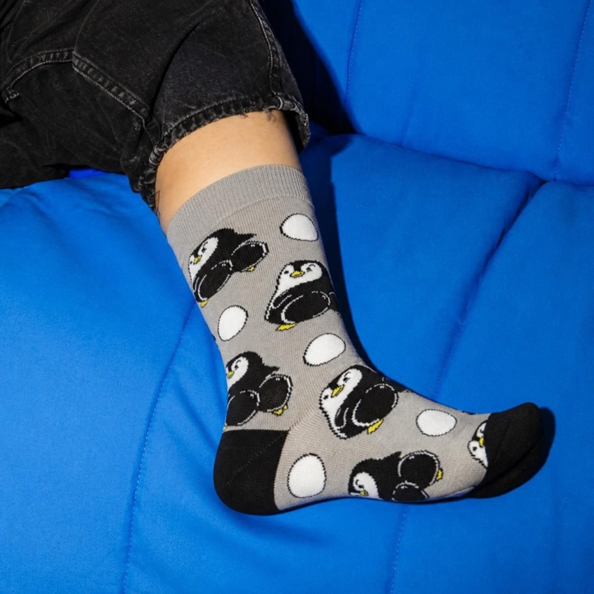 Mischievous Penguin Socks worn, on a blue couch